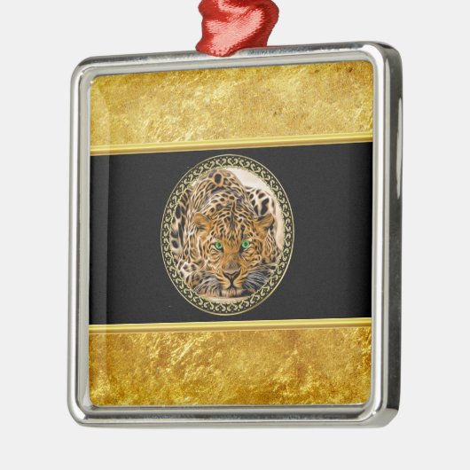 Grüne Augenleoparde mit Gepunkteter Goldfolie Ornament Aus Metall (Links)