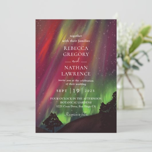 Grüne Aurora Hochzeit Einladung (Stehend Vorderseite)