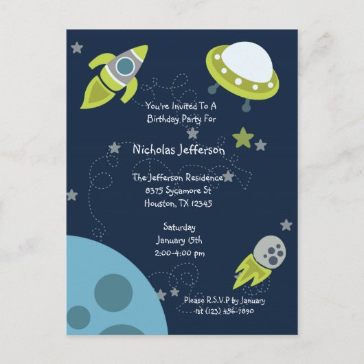 Grüne Außenwelt UFO Geburtstagseinladung Postkarte (Vorderseite)