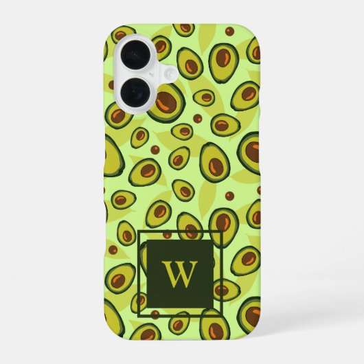 Grüne Avocado-Fruchtmuster-Monogramm iPhone 16 Hülle (Rückseite)