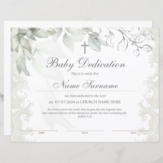 Grüne Baby Dedication Certificate, Taufe (Vorne/Hinten)