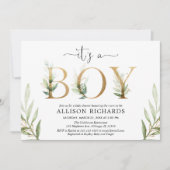 Grüne Babydusche Es ist ein Junge mit grünem golde Einladung (Vorderseite)