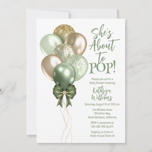 Grüne Balloons Sie ist im Begriff, Pop Baby Dusche Einladung (Vorderseite)