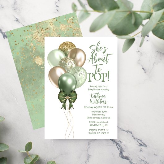 Grüne Balloons Sie ist im Begriff, Pop Baby Dusche Einladung