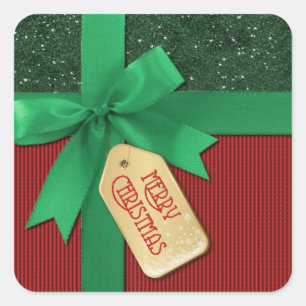 Grüne Band-frohe Weihnacht-Geschenk-Aufkleber Quadratischer Aufkleber
