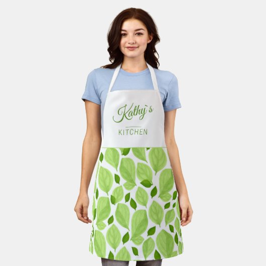 Grüne Basilikum Herb Leaf Muster Botanischer Name Schürze (Getragen)