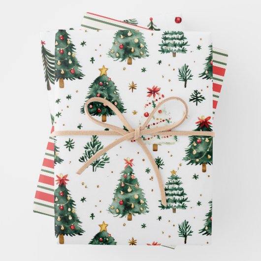 Grüne Baummuster mit roten Streifen Geschenkpapier Set (Beispiel)