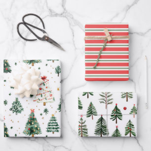 Grüne Baummuster mit roten Streifen Geschenkpapier Set