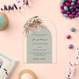 Grüne beige Rose Pampas Bärchen Hochzeit klar Acryleinladungen