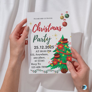 Grüne Beige Süße Illustrative Weihnachtsfeier Einladung