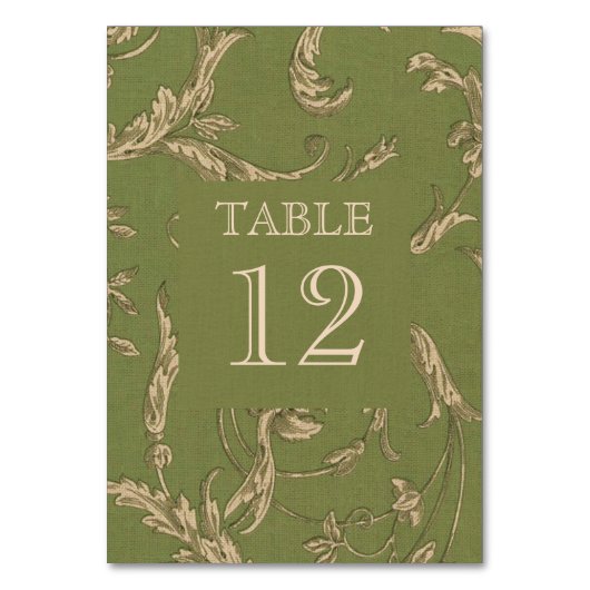 Grüne Beige Vintage Muster Burlap Textur Hochzeit Tischnummer (Vorderseite)