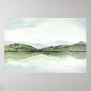 Grüne Berge Spiegelungen Wasserfarbene Landschaft Poster