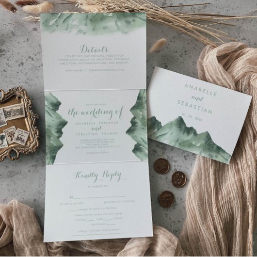 Grüne Berglandhochzeit Dreifach Gefaltete Einladung