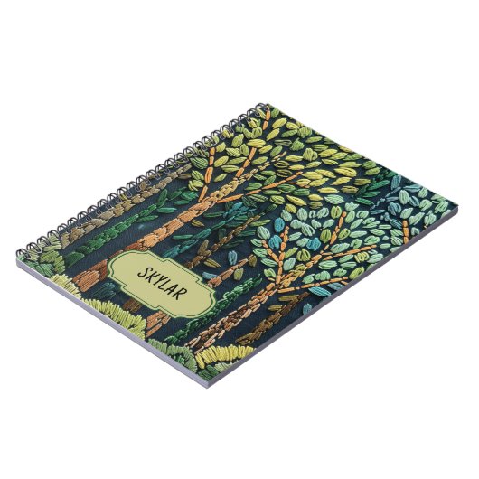 Grüne bestickte Bäume Blätter Naturwald Blau Notizblock (Linke Seite)