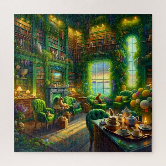 Grüne Bibliothek Katzen Teezeit Küstenblick Puzzle (Vertikal)
