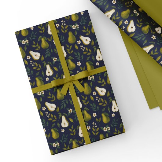 Grüne Birnen-Aquarellmuster auf Dunkelblau Geschenkpapier