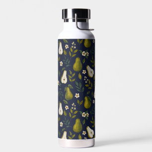 Grüne Birnen-Aquarellmuster auf Dunkelblau  Trinkflasche
