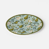 Grüne Birnen-Wasserfarbenmuster auf staubigem Blau Pappteller (Schrägansicht)