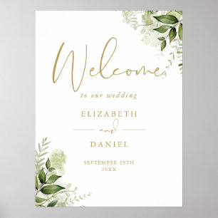 Grüne Blatt-Hochzeit-Gold-Willkommensschild Poster