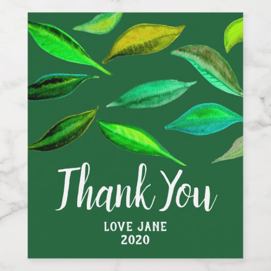 Grüne Blätter Art Aquarell Dankeschön Weinetikett (Einzelnes Label)