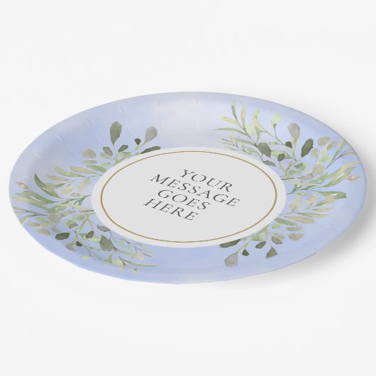 Grüne Blätter Blaue Aquarellfeier Pappteller (Schrägansicht)