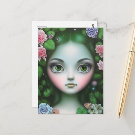 Grüne Blätter & Blume Forest Girl Postkarte (Vorderseite/Rückseite Beispiel)