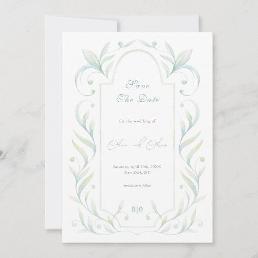 Grüne Blätter, die das Datum speichern Einladung (Vorderseite)