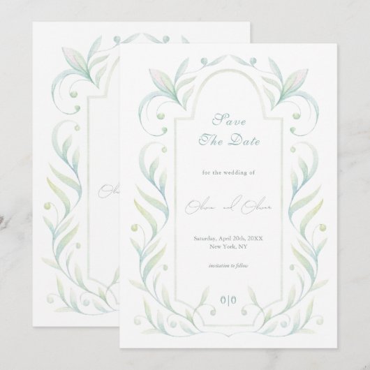 Grüne Blätter, die das Datum speichern Einladung (Vorne/Hinten)