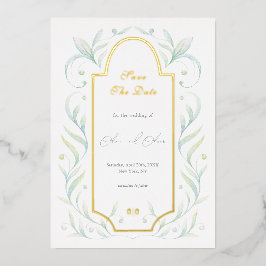 Grüne Blätter, die das Datum speichern Folieneinladung