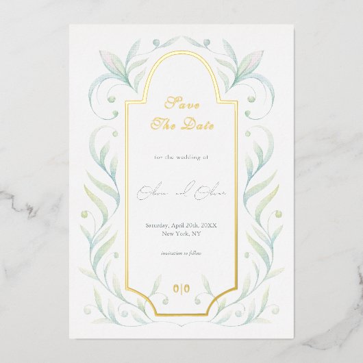 Grüne Blätter, die das Datum speichern Folieneinladung (Vorderseite)