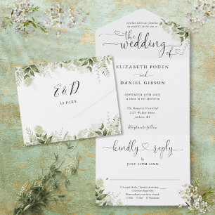 Grüne Blätter Elegante Schrift Herzen Hochzeit All In One Einladung