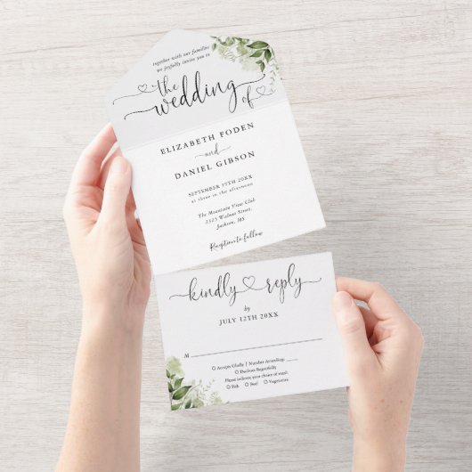 Grüne Blätter Elegante Script Hearts Wedding All In One Einladung (Abreißen)