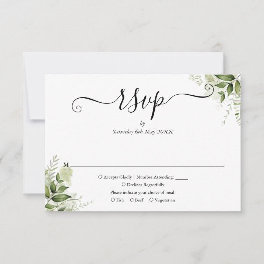 Grüne Blätter Elegante Script Wedding RSVP Karte (Vorderseite)