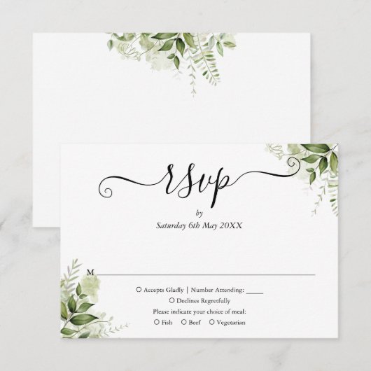Grüne Blätter Elegante Script Wedding RSVP Karte (Vorne/Hinten)