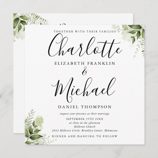 Grüne Blätter Elegantes Script in einer Hochzeit Einladung (Vorne/Hinten)