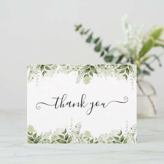 Grüne Blätter Elegantes Skript Dankeskarte (Stehend Vorderseite)