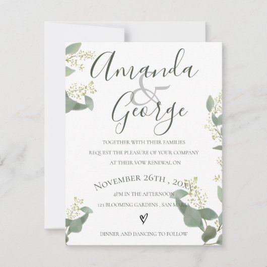 Grüne Blätter | Elegantes Skript | Vow Renewal Einladung (Vorderseite)