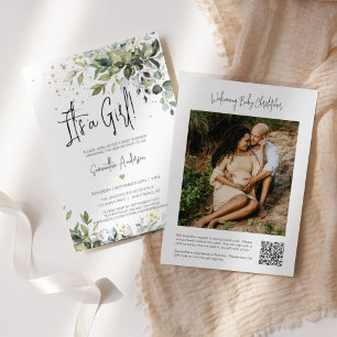 Grüne Blätter Es ist ein Girl Baby Shower QR Code  Einladung