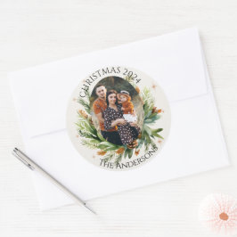 Grüne Blätter Familie Foto Frohe Weihnachten Runder Aufkleber