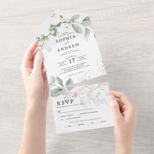 Grüne Blätter & Gold - Einladung (Abreißen)