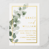 Grüne Blätter Goldfussborder Moderne Hochzeit Folieneinladung (Vorderseite)