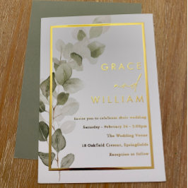 Grüne Blätter Goldfussborder Moderne Hochzeit Folieneinladung