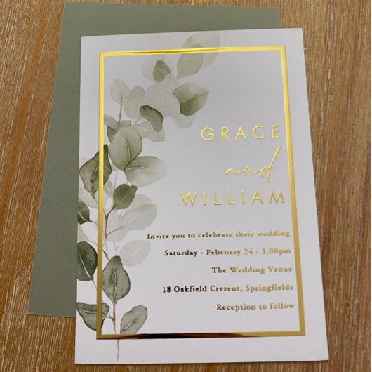 Grüne Blätter Goldfussborder Moderne Hochzeit Folieneinladung