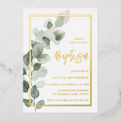 Grüne Blätter Goldfussjunge oder Mädchentaufe Folieneinladung (Vorderseite)