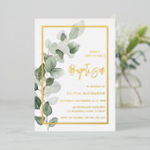 Grüne Blätter Goldfussjunge oder Mädchentaufe Folieneinladung (Stehend vorne)