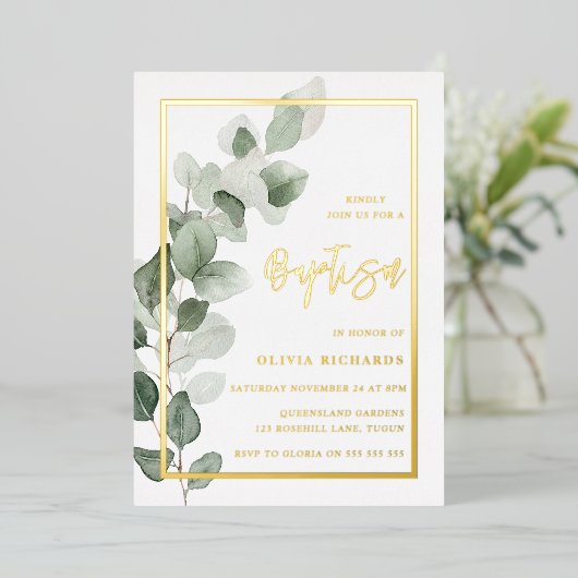 Grüne Blätter Goldfussjunge oder Mädchentaufe Folieneinladung (Stehend vorne)