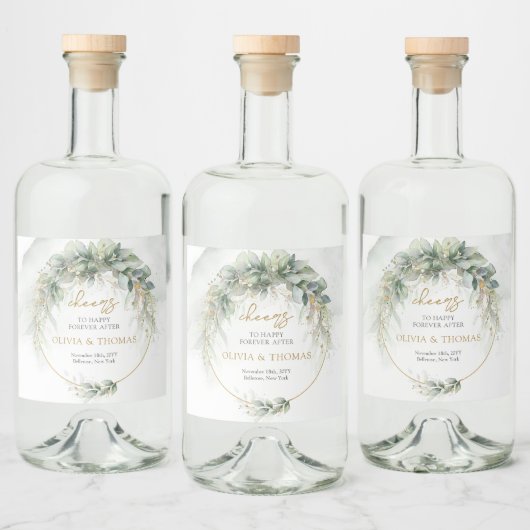 Grüne Blätter, goldgelb, ovaler Boho eucalyptus Alkoholflaschenetikett (Flaschen)