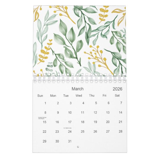 Grüne Blätter & goldgelbe Blüte 2026 Kalender (Mär 2026)