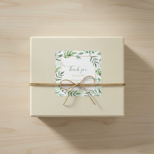 Grüne Blätter Grenze Hochzeit danke Ihnen Aufklebe Quadratischer Aufkleber