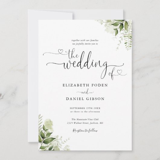 Grüne Blätter Herz-Script-Kalligrafie Hochzeit Einladung (Vorderseite)